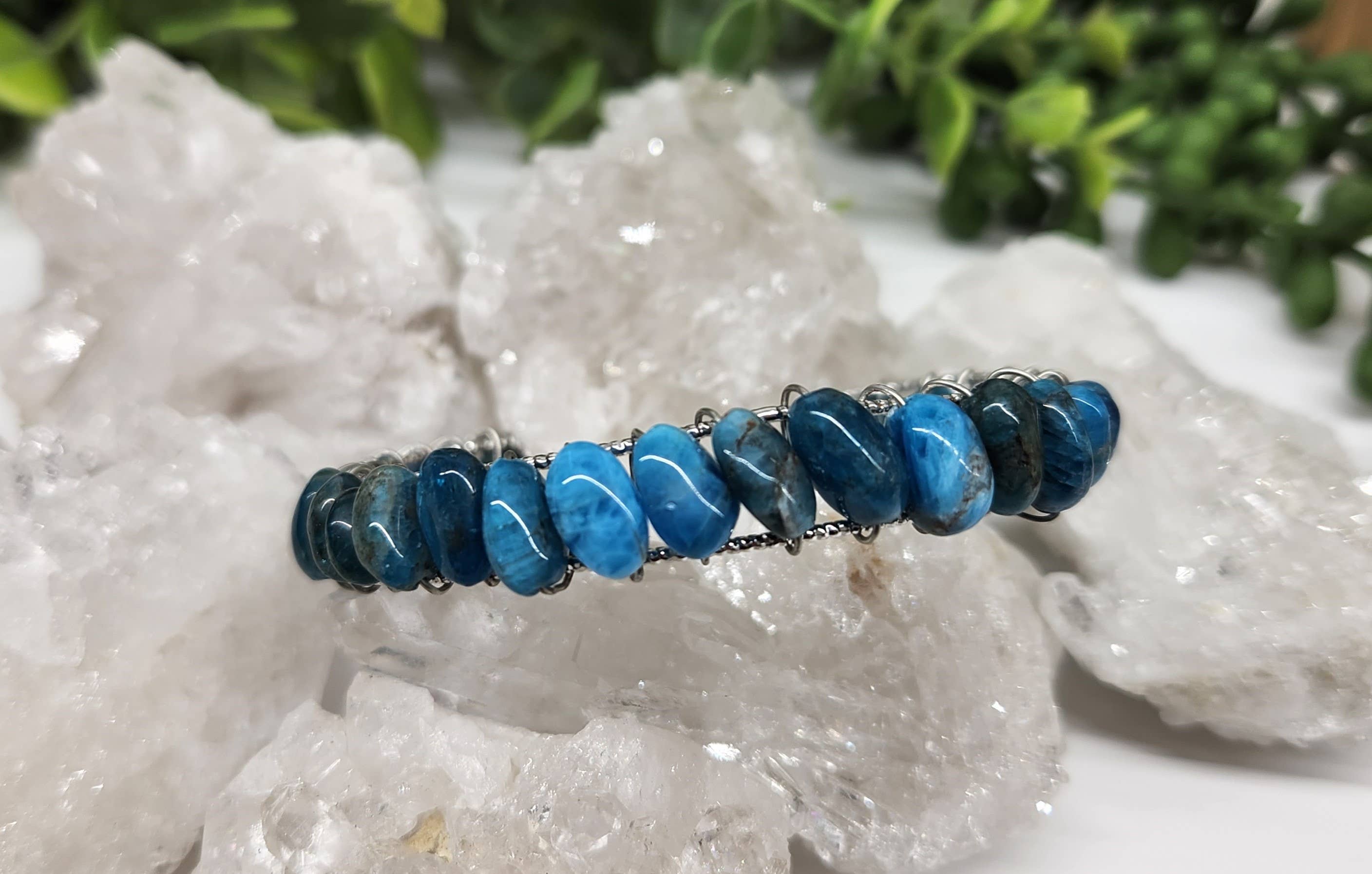 Blue Apatite Bangle/Cuff Wire Wrapped-18kt. Gold Overlay