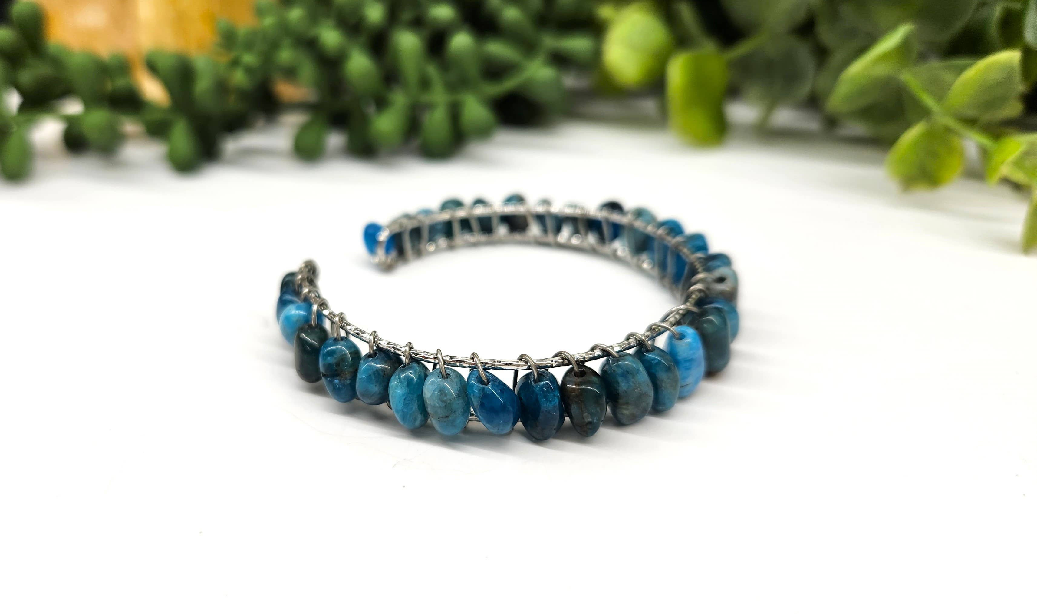 Blue Apatite Bangle/Cuff Wire Wrapped-18kt. Gold Overlay