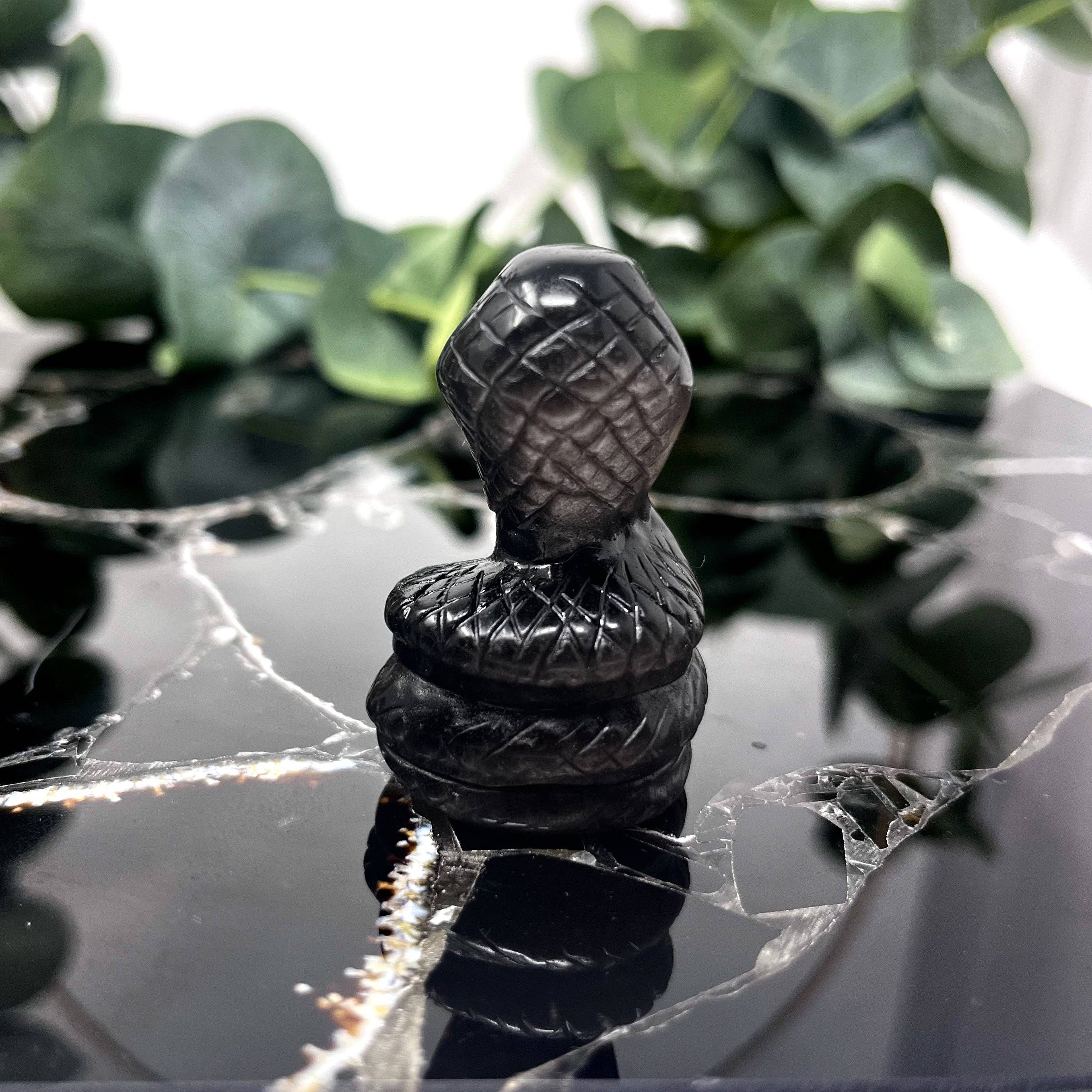 Silver Sheen Obsidian Cobra Carving