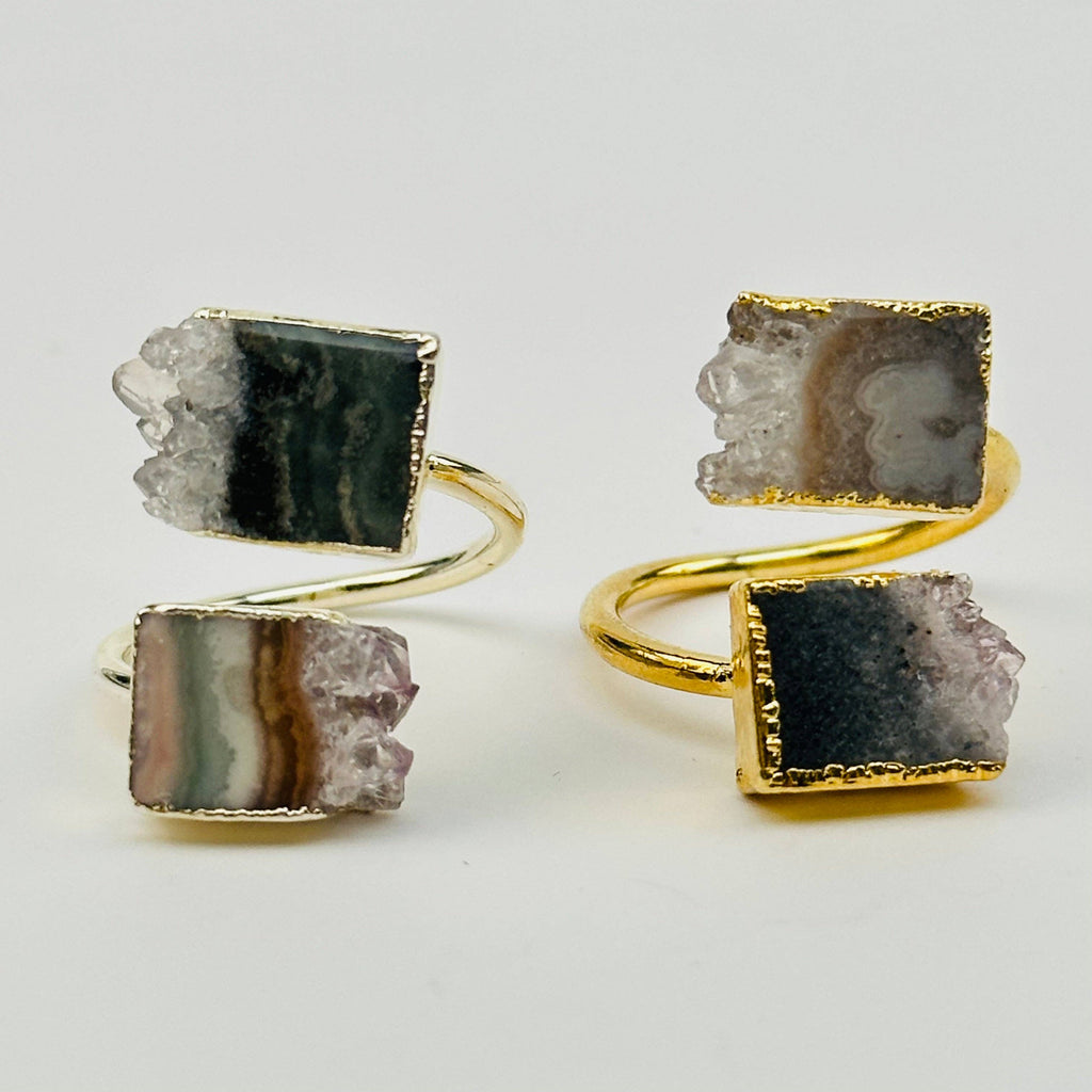 Crystal Ring Amethyst Double Slice Adjustable Ring Electroplated Gold or Silver