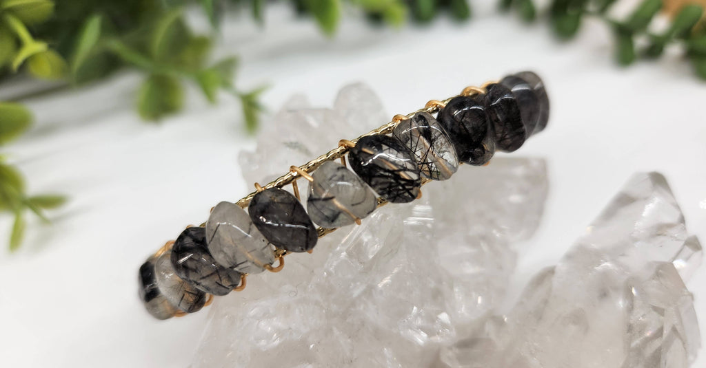 Black Rutilated Bangle/Cuff Wire Wrapped-18kt. Gold Overlay