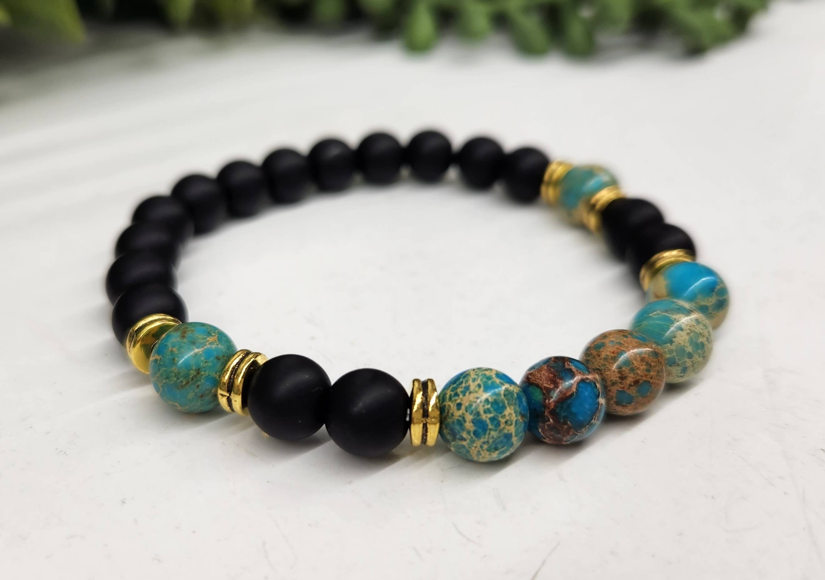 CALMNESS -  Imperial Jasper (Ocean)/Obsidian Bracelet 8MM