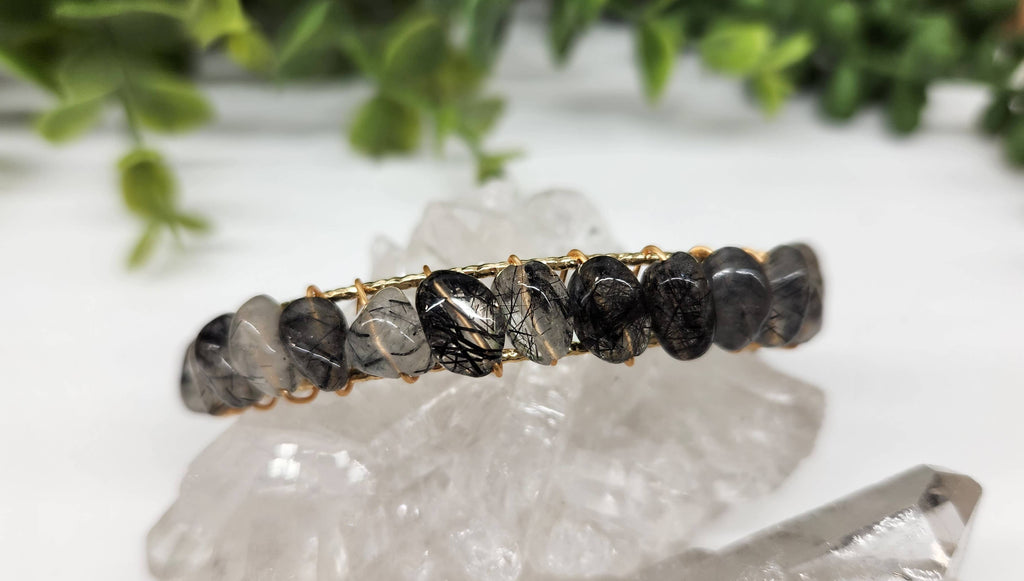 Black Rutilated Bangle/Cuff Wire Wrapped-18kt. Gold Overlay