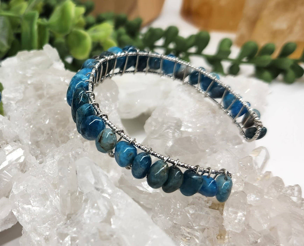 Blue Apatite Bangle/Cuff Wire Wrapped-18kt. Gold Overlay