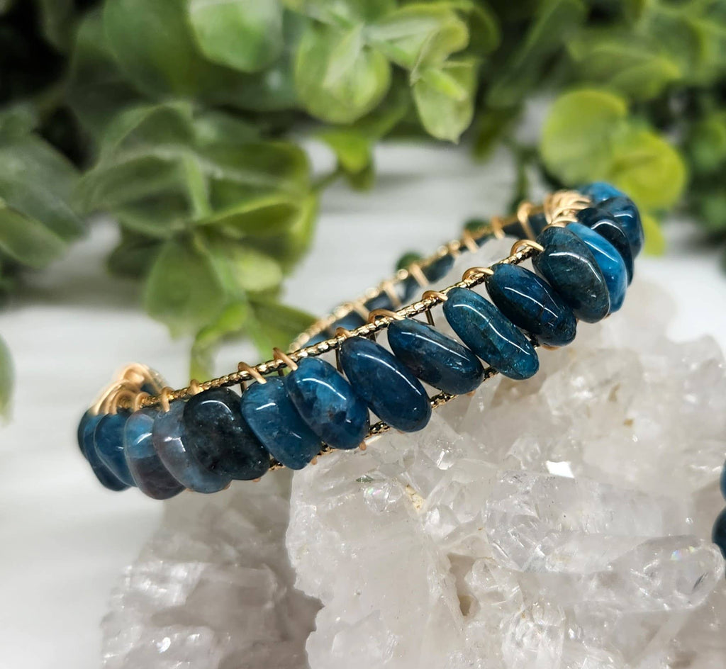 Blue Apatite Bangle/Cuff Wire Wrapped-18kt. Gold Overlay