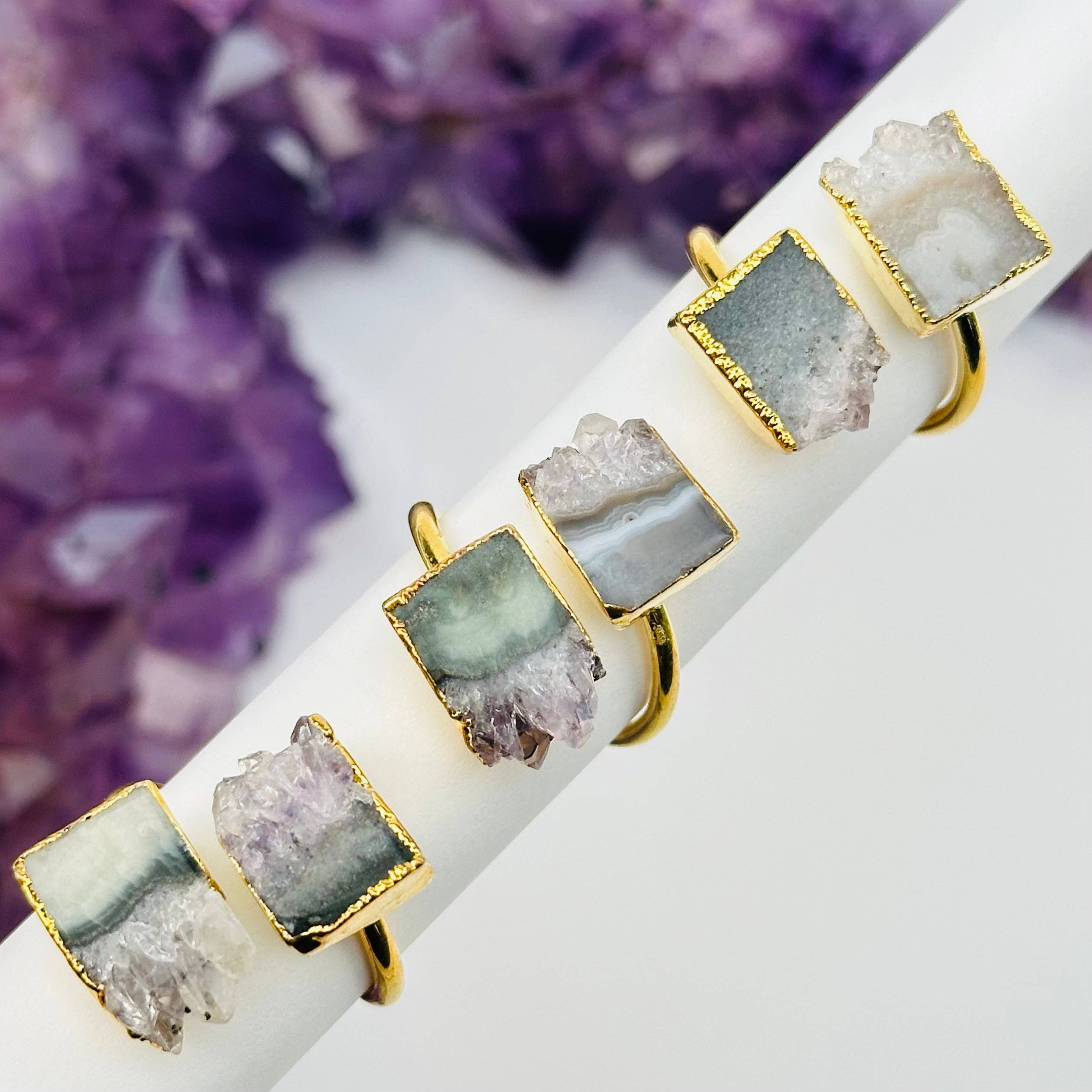 Crystal Ring Amethyst Double Slice Adjustable Ring Electroplated Gold or Silver