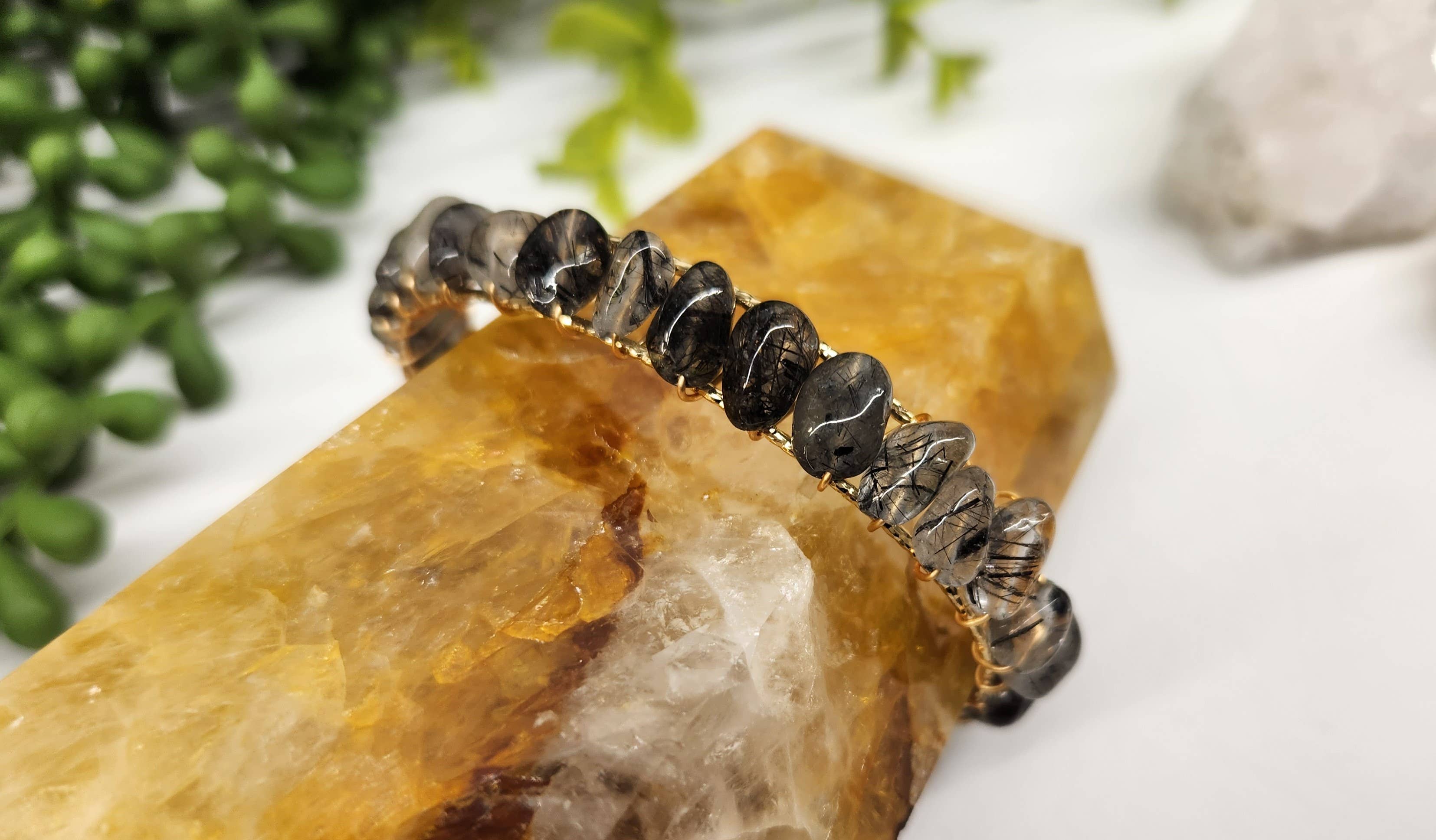 Black Rutilated Bangle/Cuff Wire Wrapped-18kt. Gold Overlay