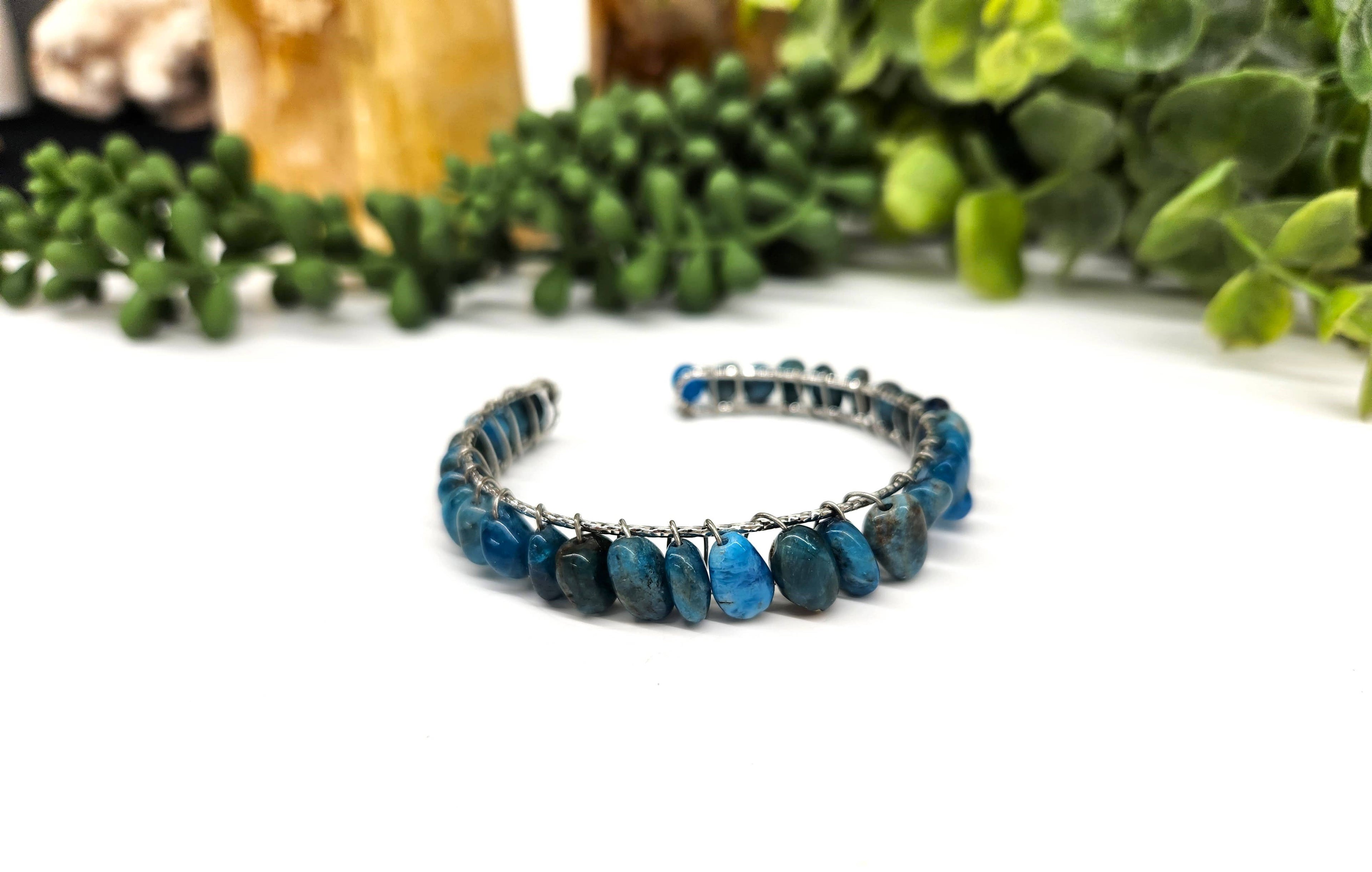 Blue Apatite Bangle/Cuff Wire Wrapped-18kt. Gold Overlay
