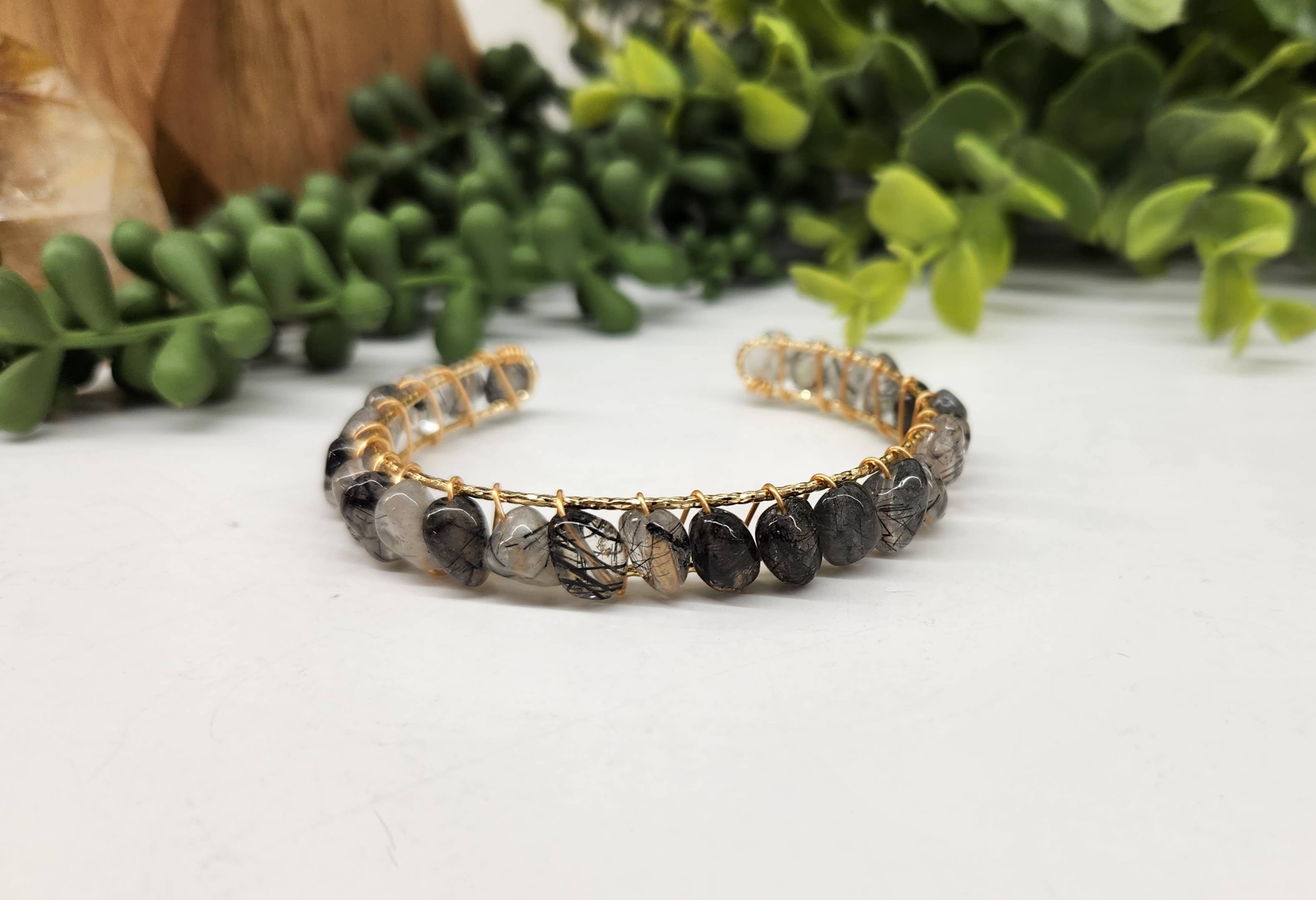 Black Rutilated Bangle/Cuff Wire Wrapped-18kt. Gold Overlay