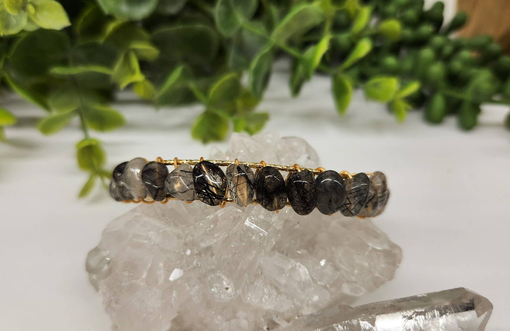 Black Rutilated Bangle/Cuff Wire Wrapped-18kt. Gold Overlay