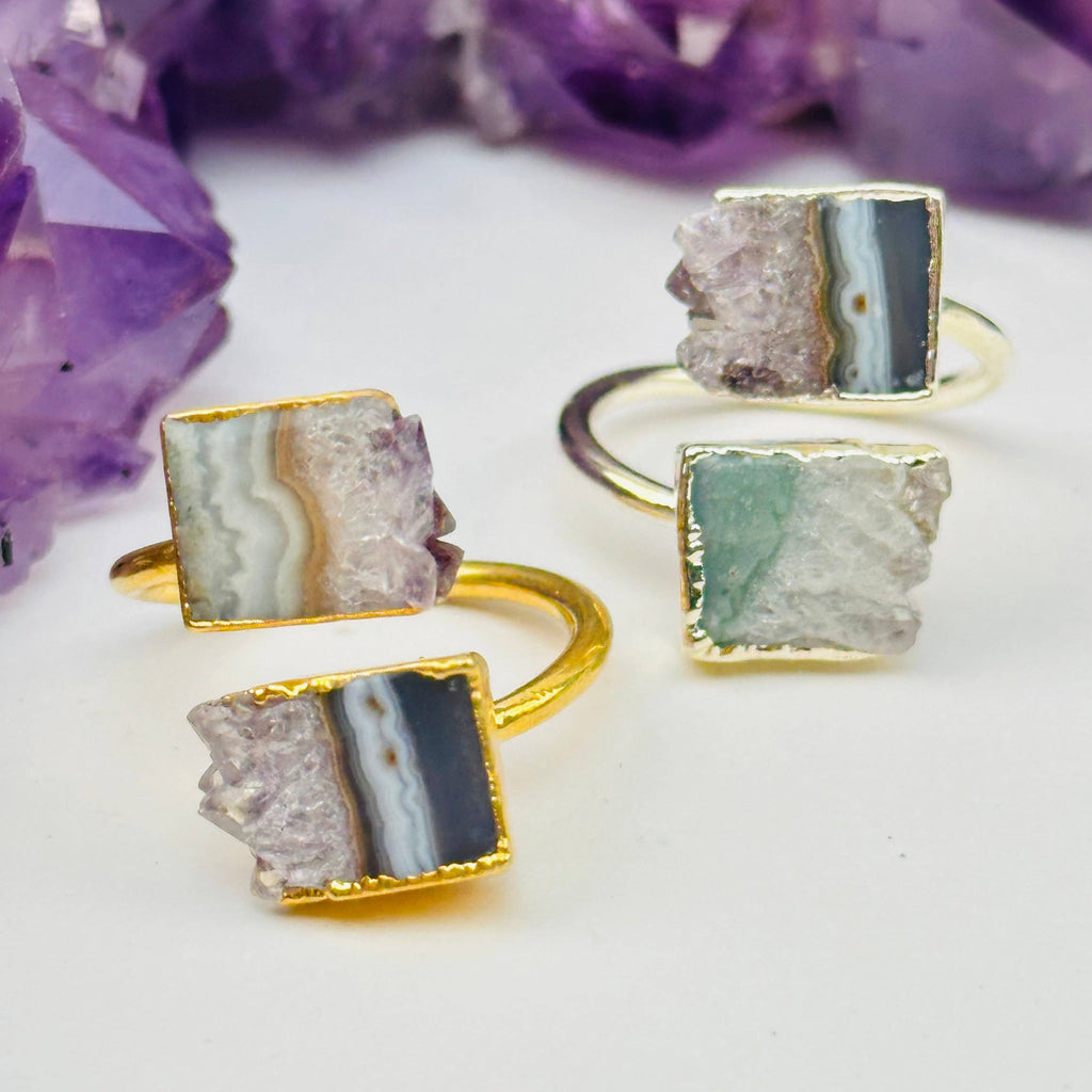 Crystal Ring Amethyst Double Slice Adjustable Ring Electroplated Gold or Silver