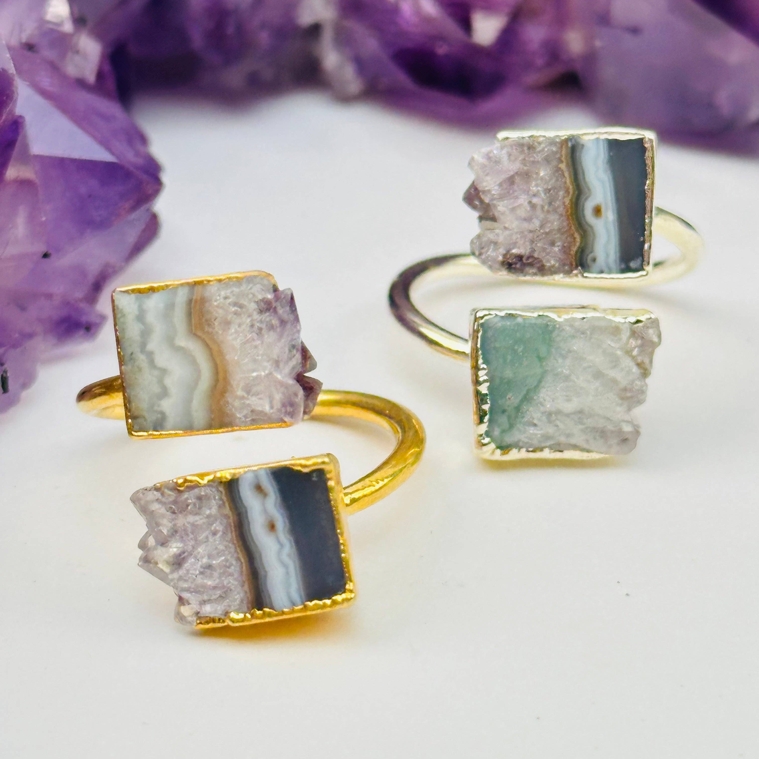 Crystal Ring Amethyst Double Slice Adjustable Ring Electroplated Gold or Silver