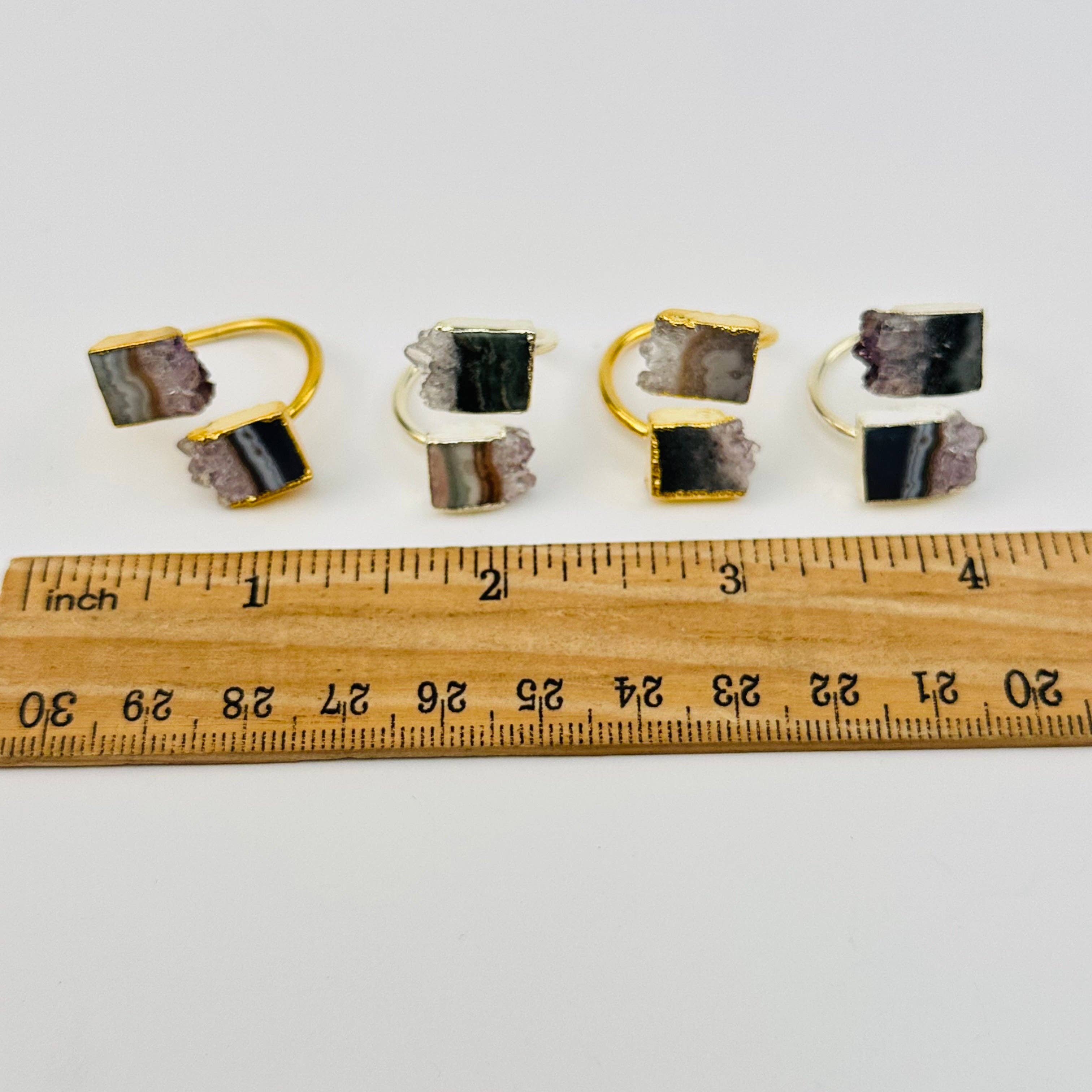 Crystal Ring Amethyst Double Slice Adjustable Ring Electroplated Gold or Silver