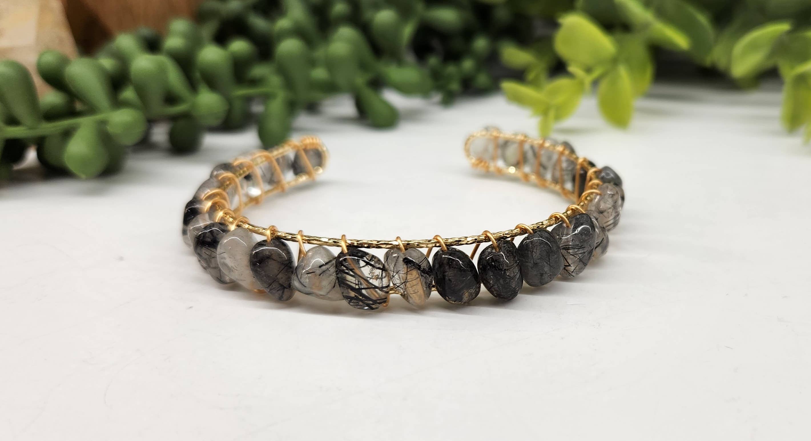 Black Rutilated Bangle/Cuff Wire Wrapped-18kt. Gold Overlay
