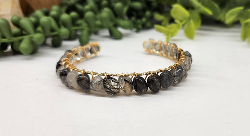 Black Rutilated Bangle/Cuff Wire Wrapped-18kt. Gold Overlay